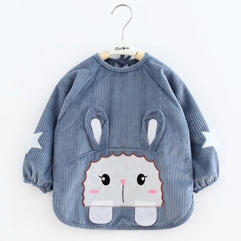 宝宝吃饭罩衣秋冬防脏儿童围裙反穿衣灯芯绒长袖围兜护衣 立体兔牛仔蓝 80(14码(建议0-1岁宝宝))