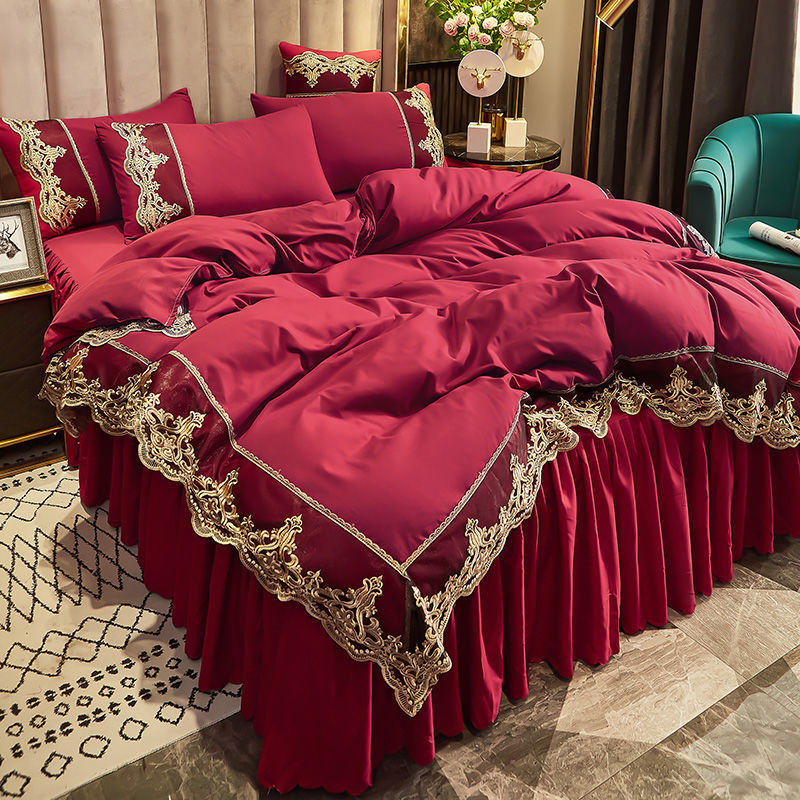 欧式床裙四件套防滑蕾丝网红床罩加厚磨毛花边被套床上用品 胭脂红 1.8床裙四件套-被套2.0*2.3
