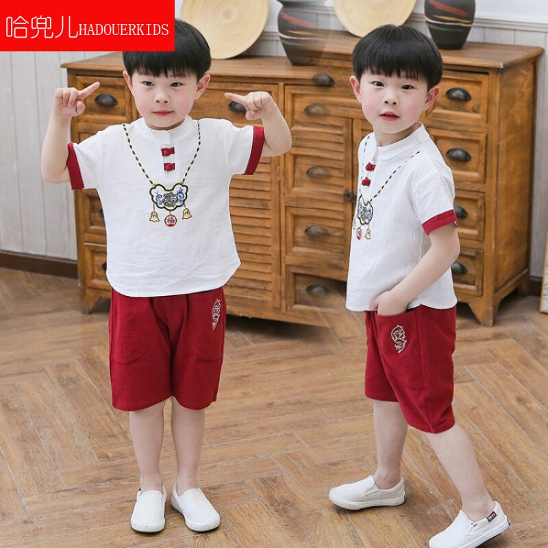 哈兜儿 男童复古夏装棉麻短袖汉服套装儿童夏季唐装两件套中国风新中式 酒红色 100
