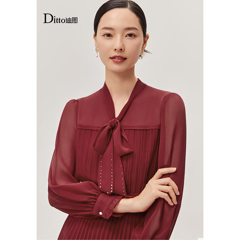 迪图高端精致连衣裙女秋冬新款灯笼袖红色裙子收腰显瘦飘带衬衫百褶裙 红色 S