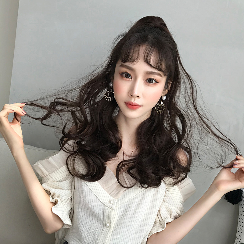 2020中长款烫发最新,2021年最新烫发 高马尾假发女长卷发羊毛卷中长款自然烫发卷发挑染马尾辫 浅棕色60cm