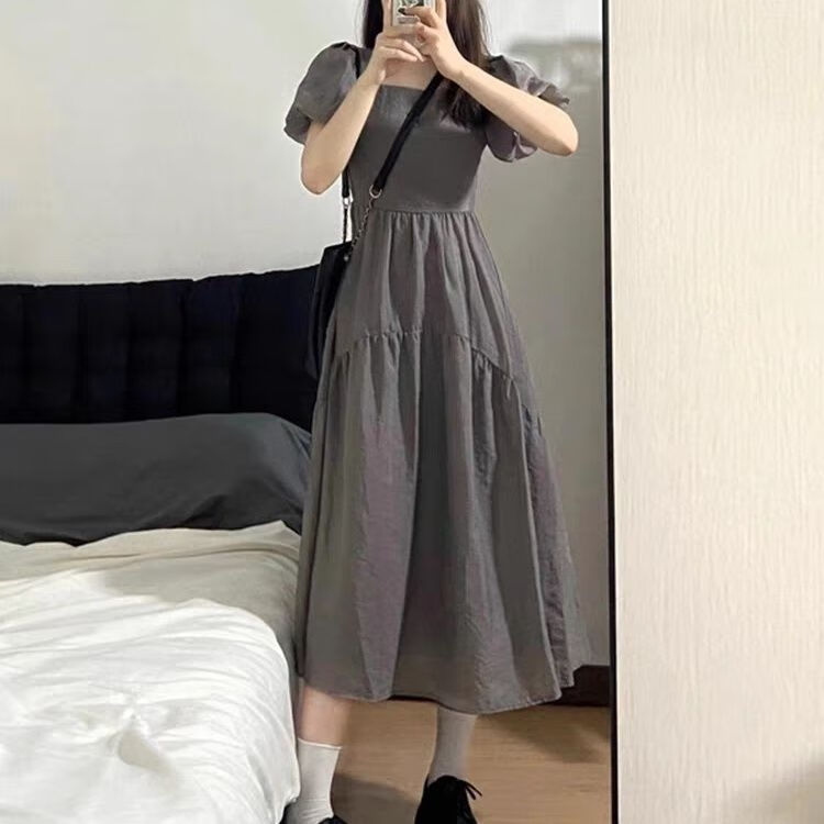 ite)长裙夏季到脚踝女高中生灰色连衣裙灰天鹅雪纺泡泡袖裙学生党夏小