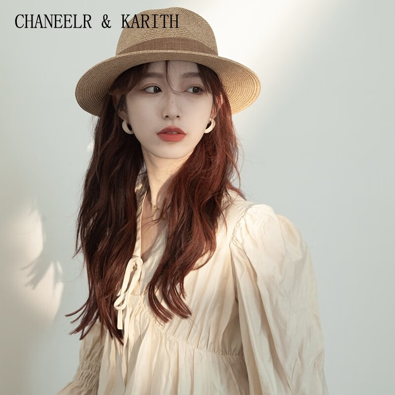 CHANEELR & KARITH防晒帽复古草编帽女夏季防紫外线度假草帽英伦礼帽海边沙滩遮阳帽 黑色 织带 M(55-58cm)