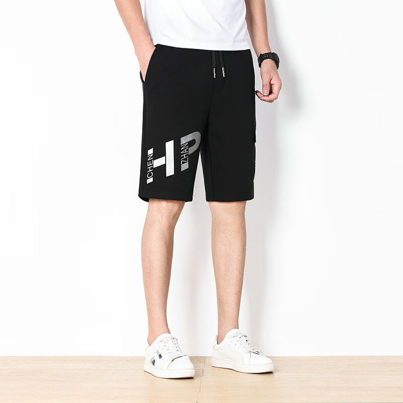 夏季潮男士短裤潮流黑色宽松港风休闲运动字母印花五分裤子潮 图片色