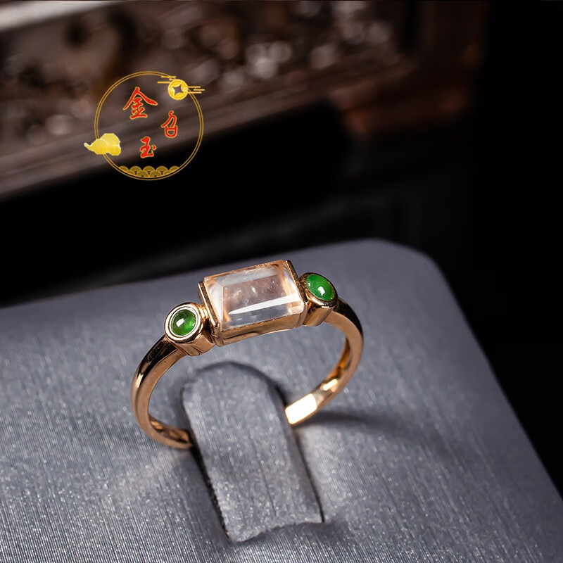 金召玉a货缅甸翡翠戒指冰透方牌戒面 镶嵌戒指18k金镶嵌玉戒自戴送礼