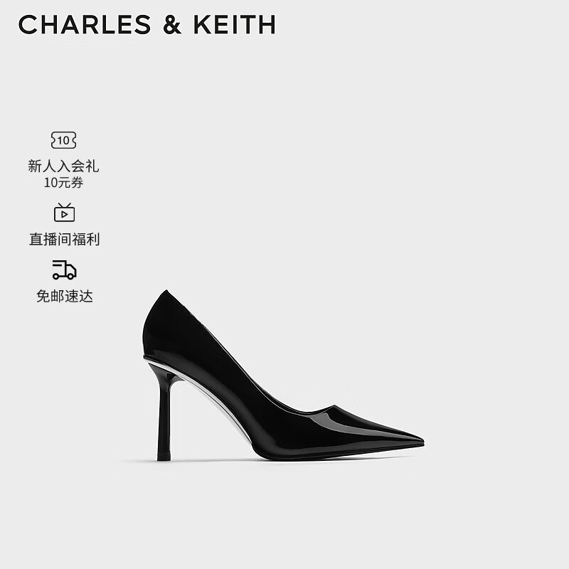 CHARLES&KEITH【情人节礼物】23冬季新品时尚漆皮尖头细高跟单鞋女CK1-60280416 Black Patent黑色 37