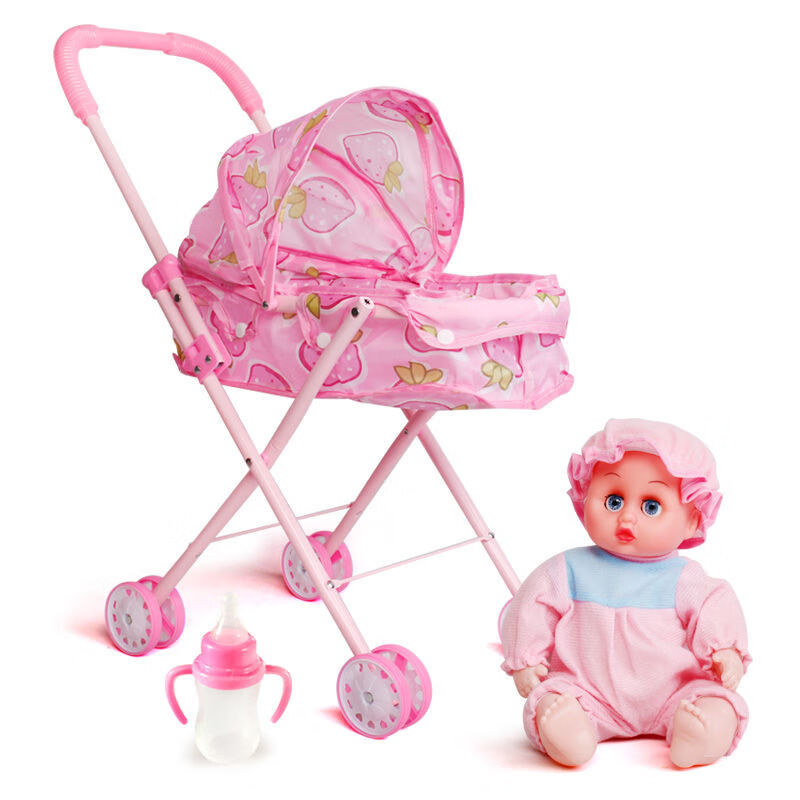 娃娃发声光婴儿宝宝仿真女童女孩小手推车 草莓车 a款娃娃【送奶瓶】