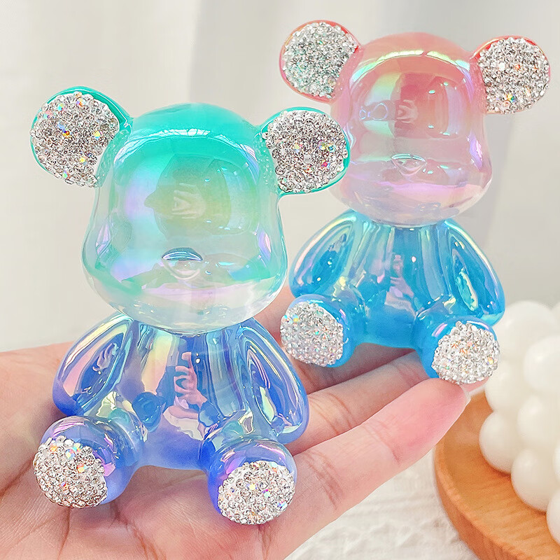 新款创意透明树脂彩色电镀小熊镶钻可爱暴力熊汽车客厅装饰摆件潮 紫粉色 7cm