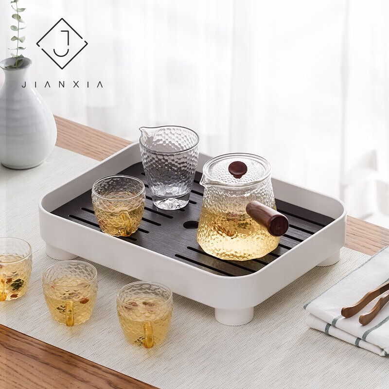 建厦 托盘茶盘茶托家用功夫茶具现代日式简约一体茶水盘沥水收纳盘 方形-白咖色