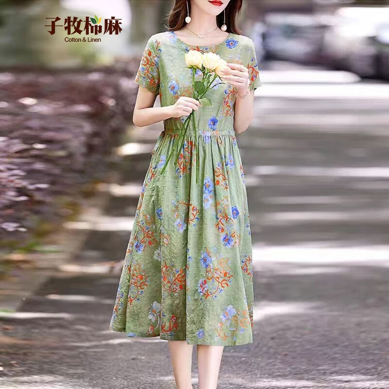 子牧棉麻2023夏装 女韩版复古印花圆领短袖宽松显瘦碎花连衣裙5191