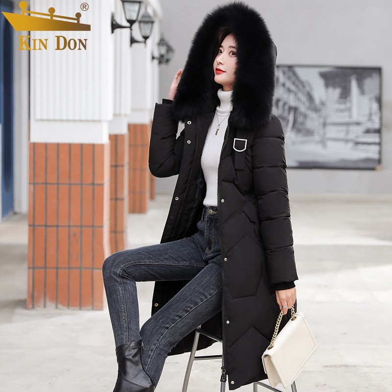 金盾(KIN DON)棉服女韩版修身百搭中长款连帽大毛领保暖加厚冬装棉袄外套女 黑色 XL