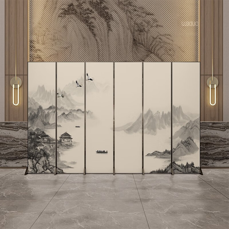 明鲸新中式屏风隔断古风山水飞鹤图可折叠移动铝合金背景装饰客厅进门 常规油画布 1扇45*180CM铝合金屏风