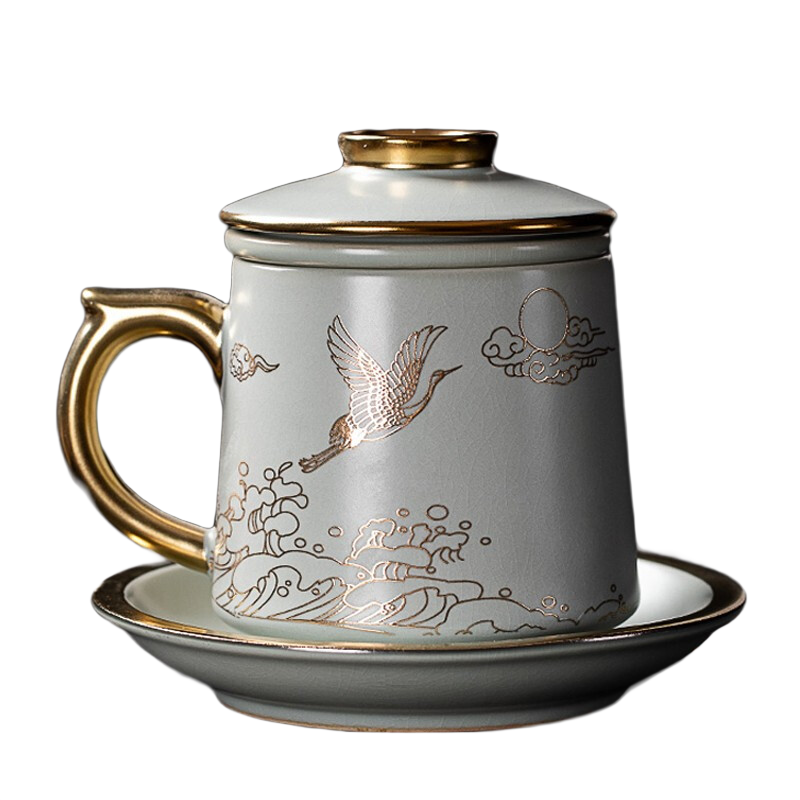 汝道（RUDAO）汝窯辦公杯陶瓷帶過(guò)濾茶杯描金汝瓷可養開(kāi)片辦公室茶水分離泡茶杯 描金汝窯仙鶴龍雀杯l【四件套】