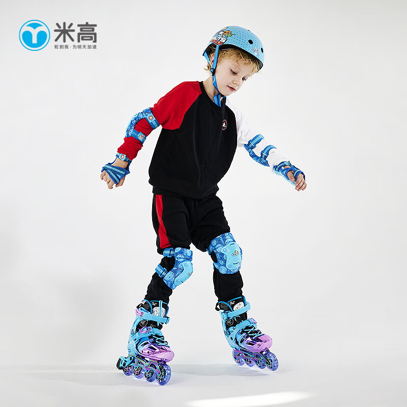 米高轮滑鞋儿童溜冰鞋直排轮休闲平花可调尺码透气培训用鞋OCD 亮蓝 L