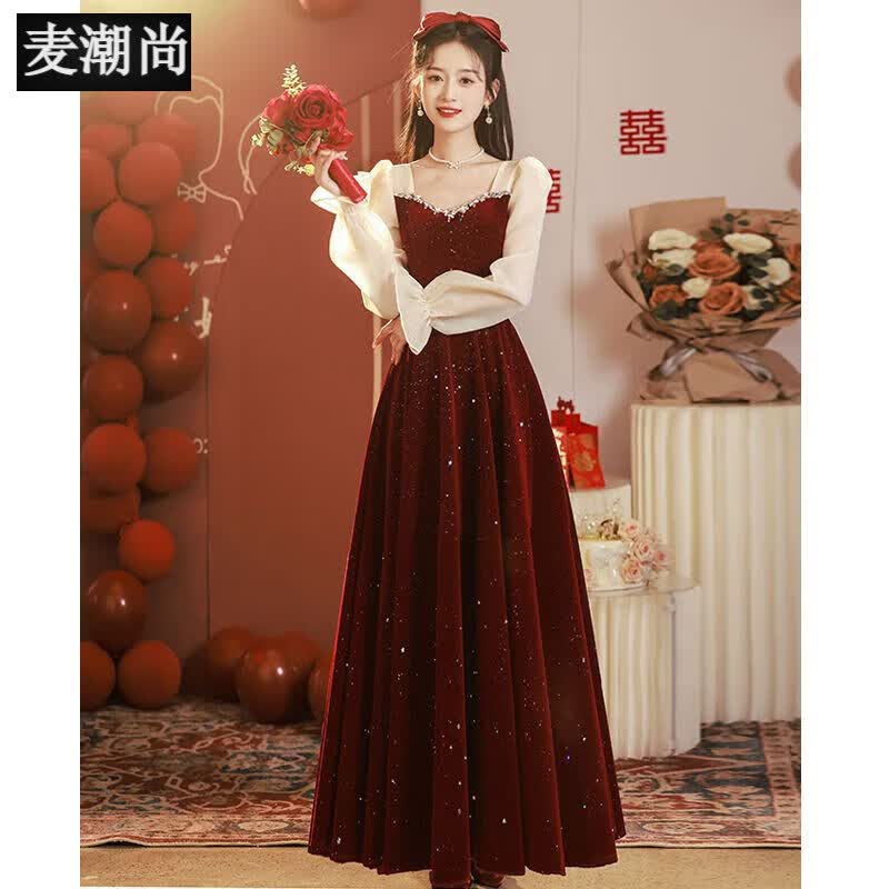 麦潮尚小个子2023新款纱袖订婚结婚敬衣出阁回门晚礼服女平时可穿新娘 酒红色长款:水洗轻微掉色 M怎么看?