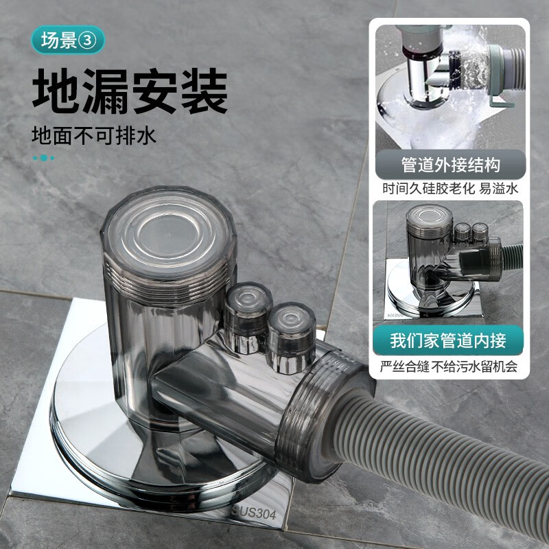 诺宜雅洗衣机下水管地漏三通盖阳台双用三头通排水管道二合一专用转接