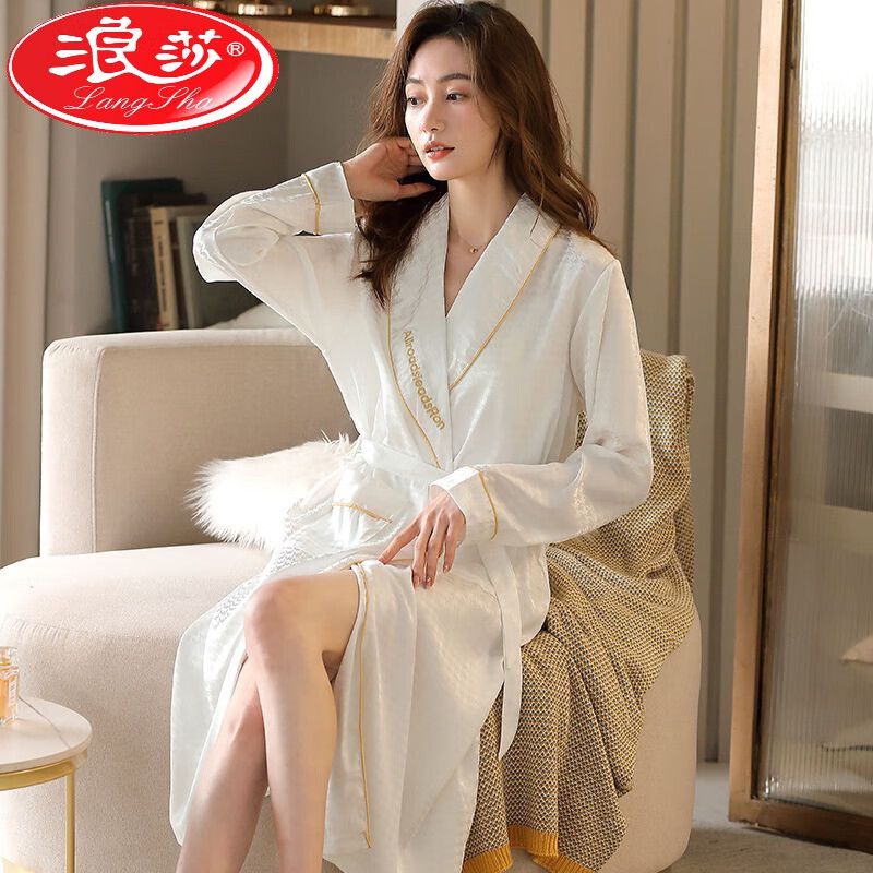 春秋季睡袍冰丝长袖丝绸性感诱惑睡裙女士浴袍中长款仿真丝 4901白色