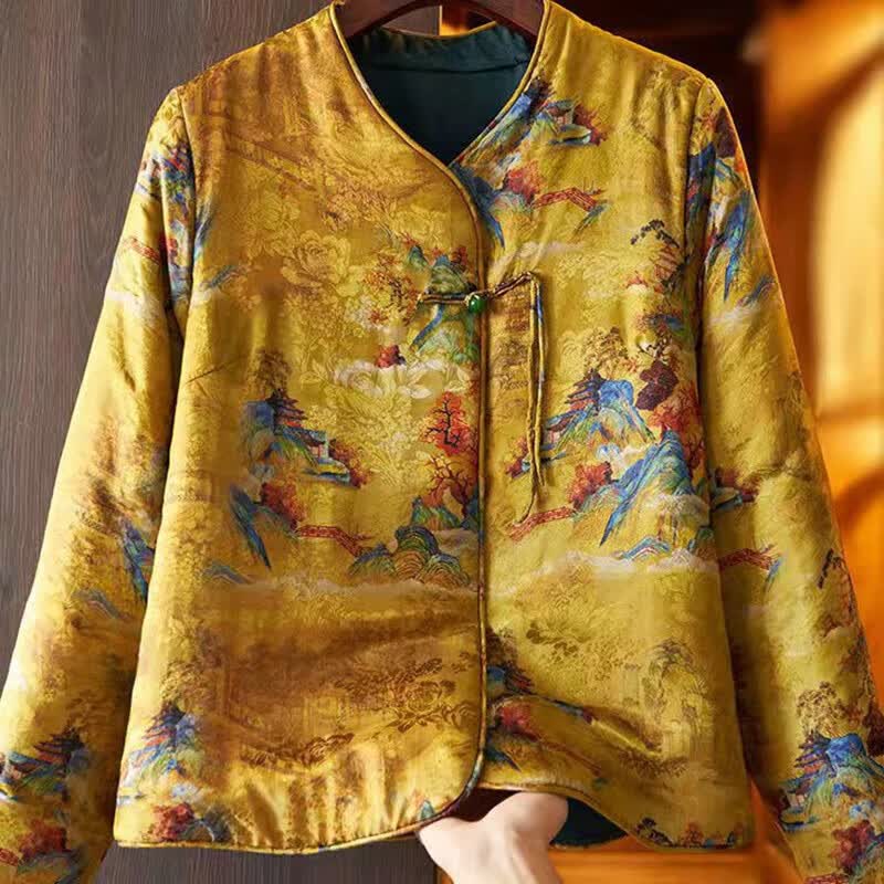 女士唐装小棉袄冬款仿丝中式国潮棉服女中国风盘扣复古文艺印花夹棉外套秋冬季 图片色 XL【建议135-145斤】怎么看?