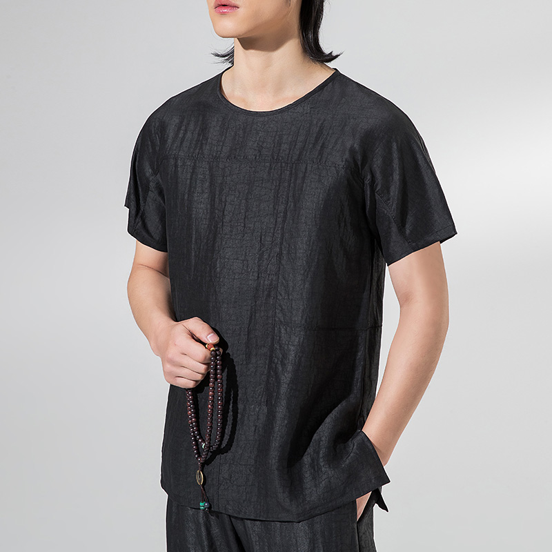 君子企鹅顺德香云纱男夏季短袖上衣中青年宽松真丝t恤桑蚕丝绸中国风