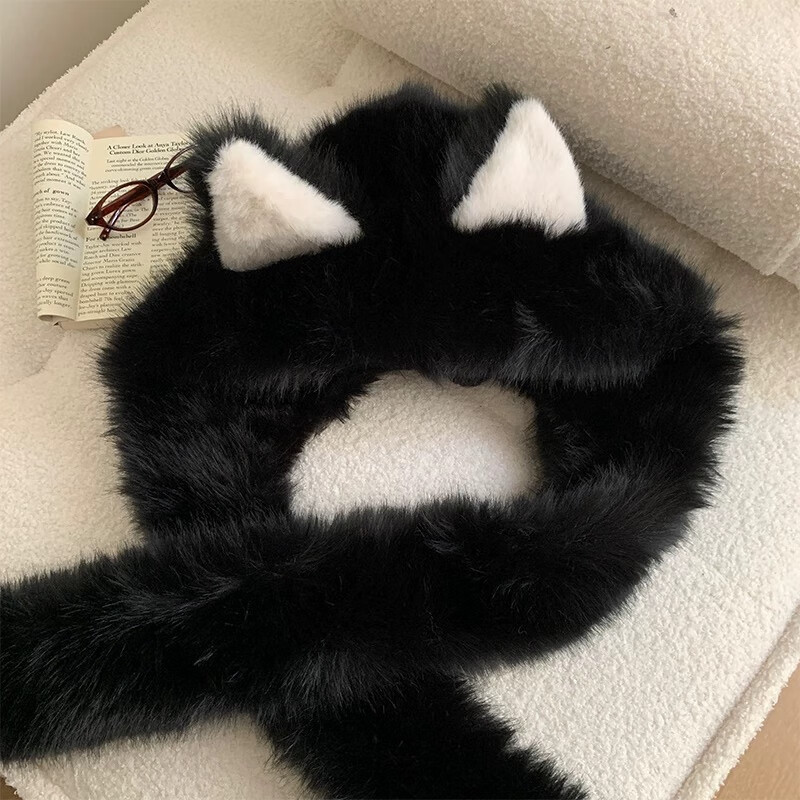 溪谷幽幽加厚毛绒绒狐狸耳朵帽子围巾一体秋冬季防寒保暖雷锋帽护颈显脸小 黑色 均码（56-58cm）