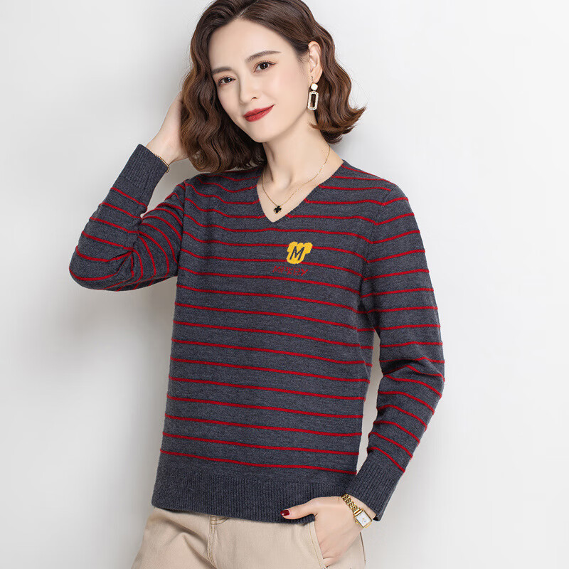 balitomms年秋冬针织领衫女中年气质针织衫长袖半高领打底毛衣女 红条