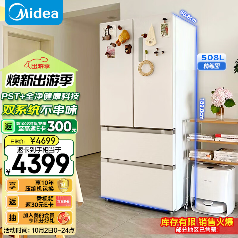 美的（Midea）508升大容量一级能效法式四门双系统双循环除菌净味无霜家用冰箱国补以旧换新BCD-508WTPZM(E)白色