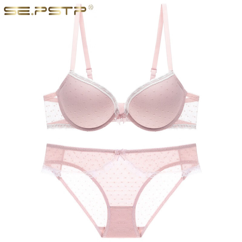 pstp高端轻奢欧美蕾丝少清新小胸聚拢文胸套装 粉色 70b