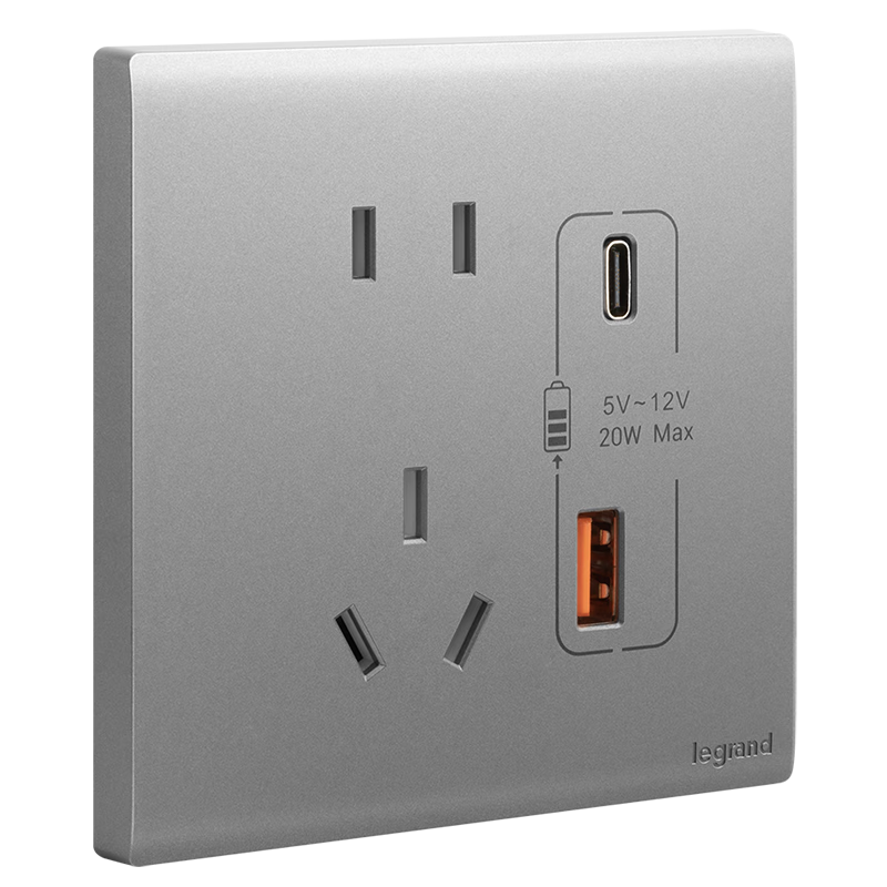 罗格朗 开关插座面板简悦深砂银多孔家用五孔86型暗装5孔墙壁电源电脑插 Type A+C USB充电插座 20W