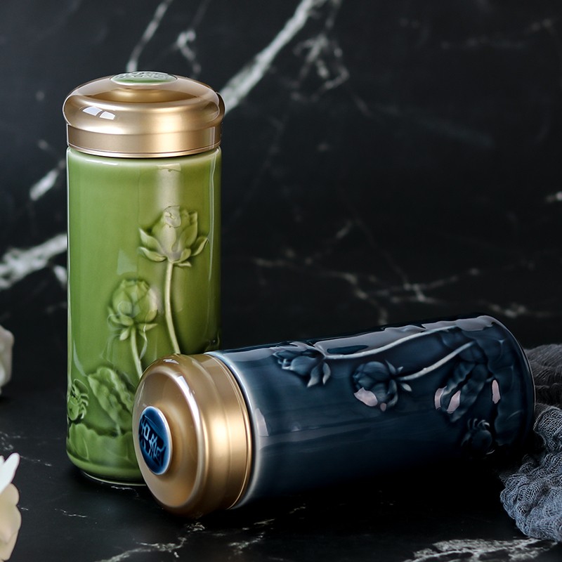 乾唐轩【官方授权】活瓷杯正品 和谐随身杯双层陶瓷水杯茶杯送人礼品 耀州绿（礼盒包装带杯刷杯套）