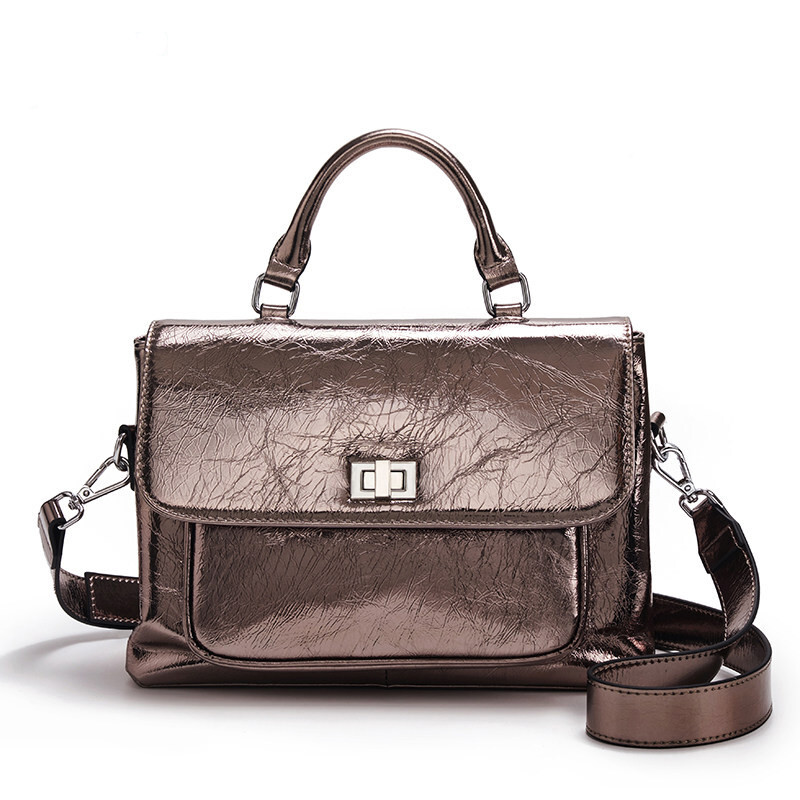 头层牛皮包包2022潮时尚女包百搭宽带大容量手提包牛皮单肩包 枪色