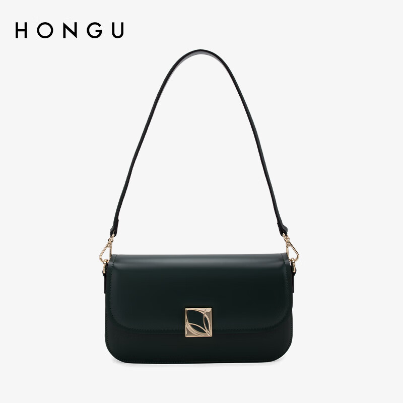红谷(hongu)女包牛皮单肩腋下包时尚休闲斜挎小方包女士包 橄榄绿