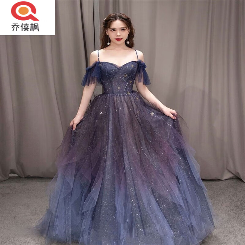 乔僖枫一字领吊礼服2023新款带星星月亮礼服订婚服敬酒服长款宴会晚