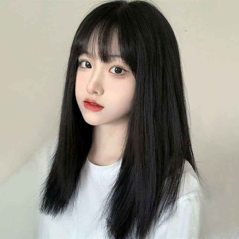 片希 lolita假发女长发自然全头套圆脸齐刘海黑色中.