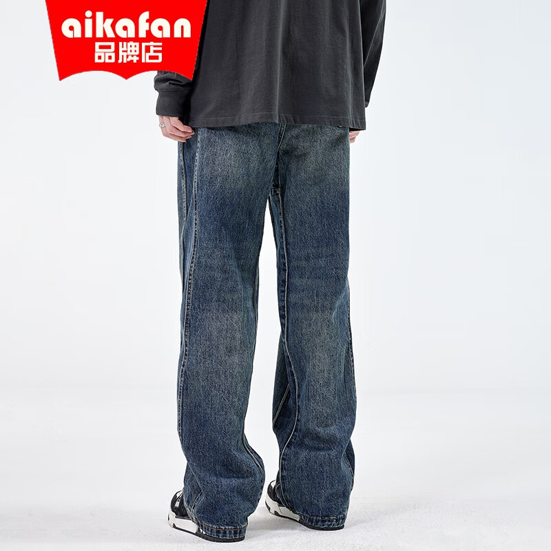 aikafan秋冬美式高街宽松老爹裤男士牛仔裤男拖地阔腿裤哈伦裤 怀旧蓝
