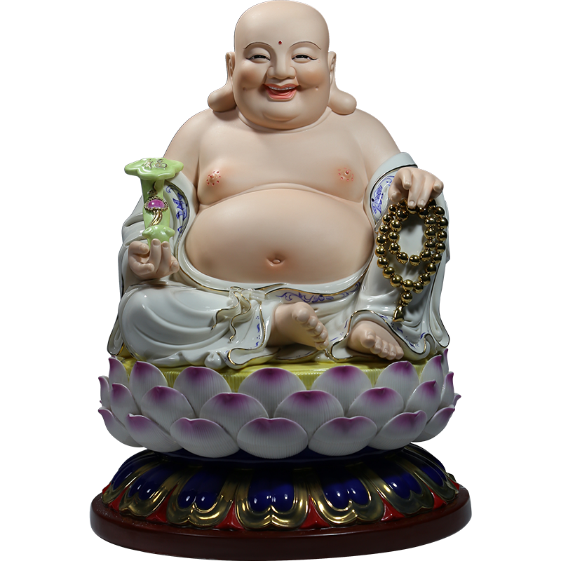 微美10至20吋坐蓮彌勒佛像彩繪笑佛家用供奉佛像德化陶瓷大肚笑佛擺件 青花彩款 15吋（高約38厘米）