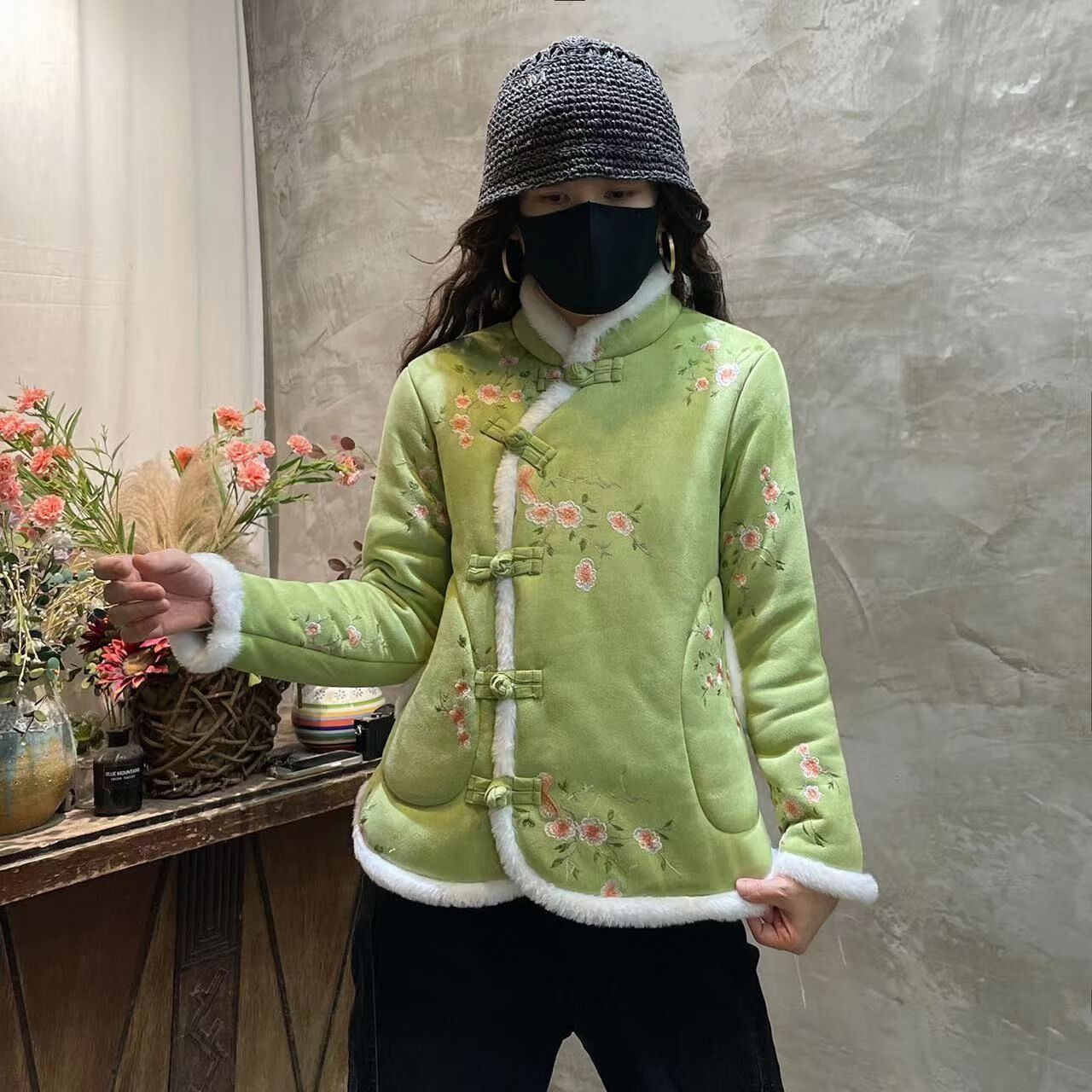 女加1绒加1厚绵祆大棉袄旗袍款加1厚碎年轻人刺绣小花 十里桃花绿色