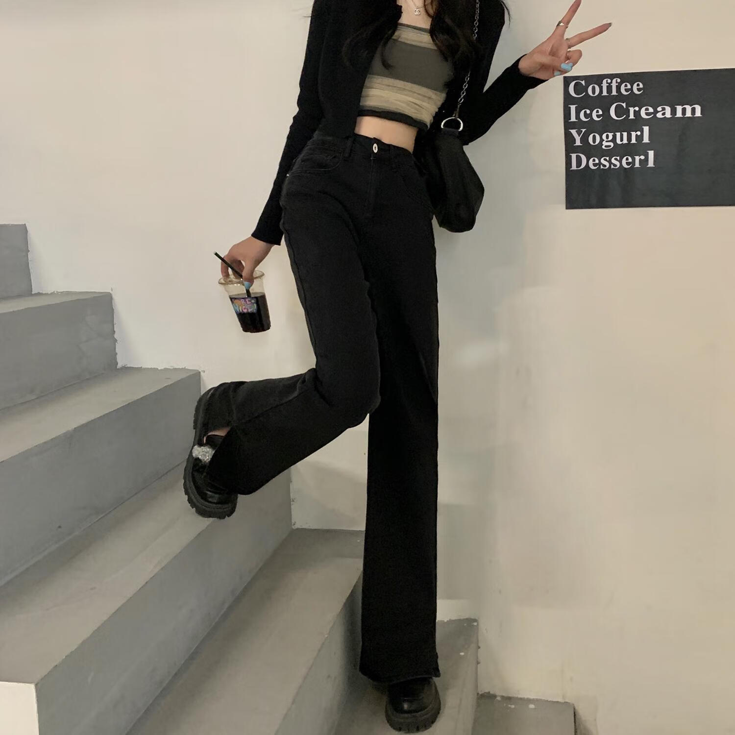 韩澜歆窄版直筒裤女学生初中生高中生黑色牛仔裤女高腰爱心开叉宽松垂