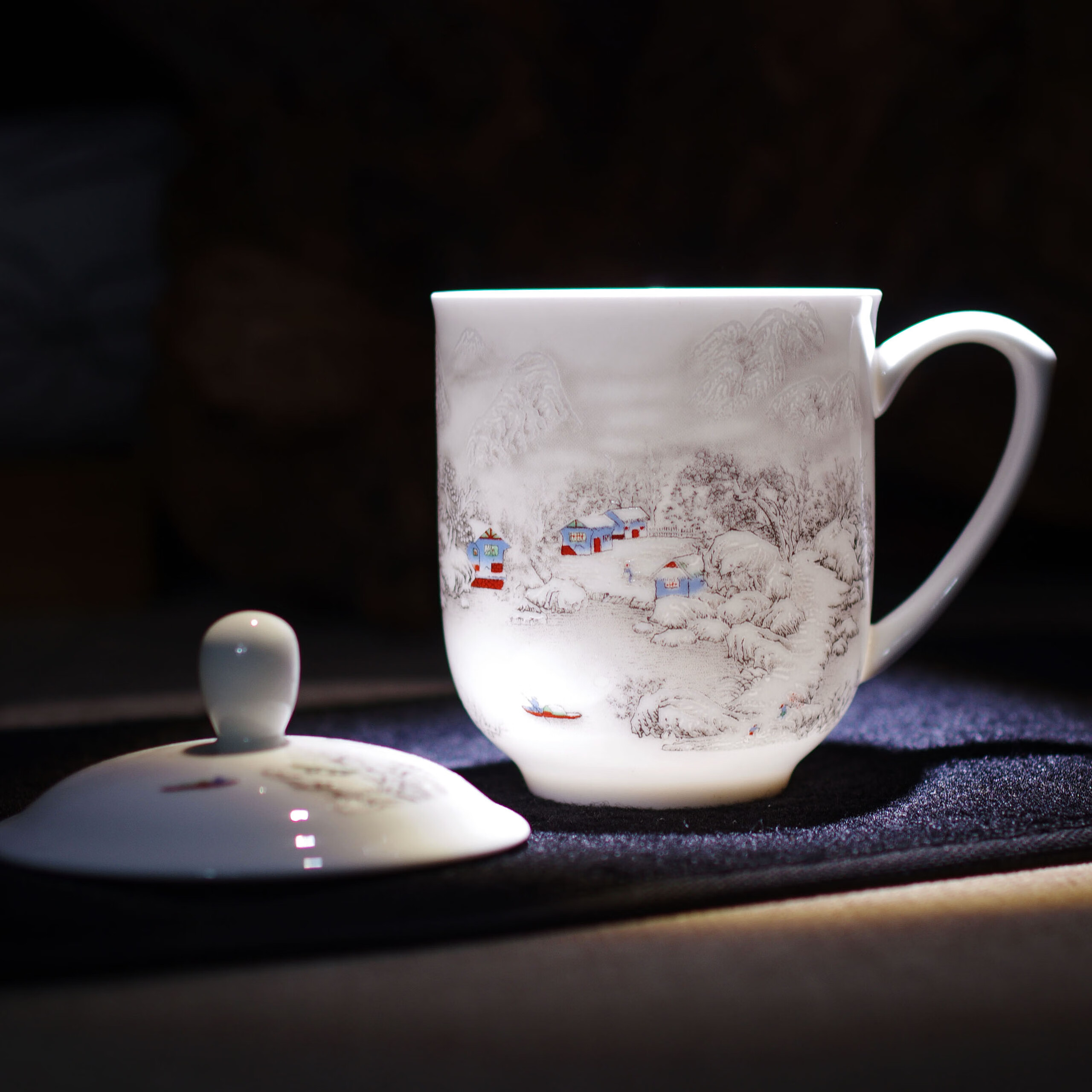 红孚陶瓷带盖办公水杯家用杯子会议杯马克杯 雪景 400ml