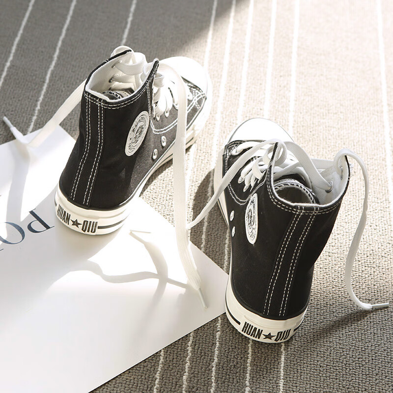 环球女鞋帆布鞋女鞋高帮2025新款夏季透气轻便学生小白鞋低帮黑色板鞋 经典黑色-高帮 38