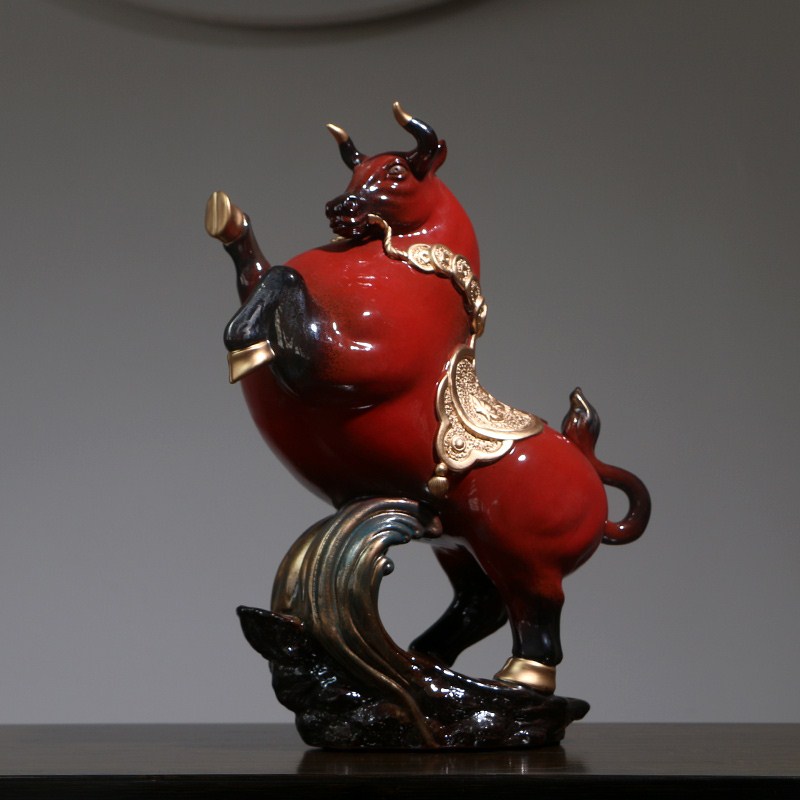 古贤新中式玄关摆件红色陶瓷牛办公室桌面装饰动物开业礼品 势不可挡