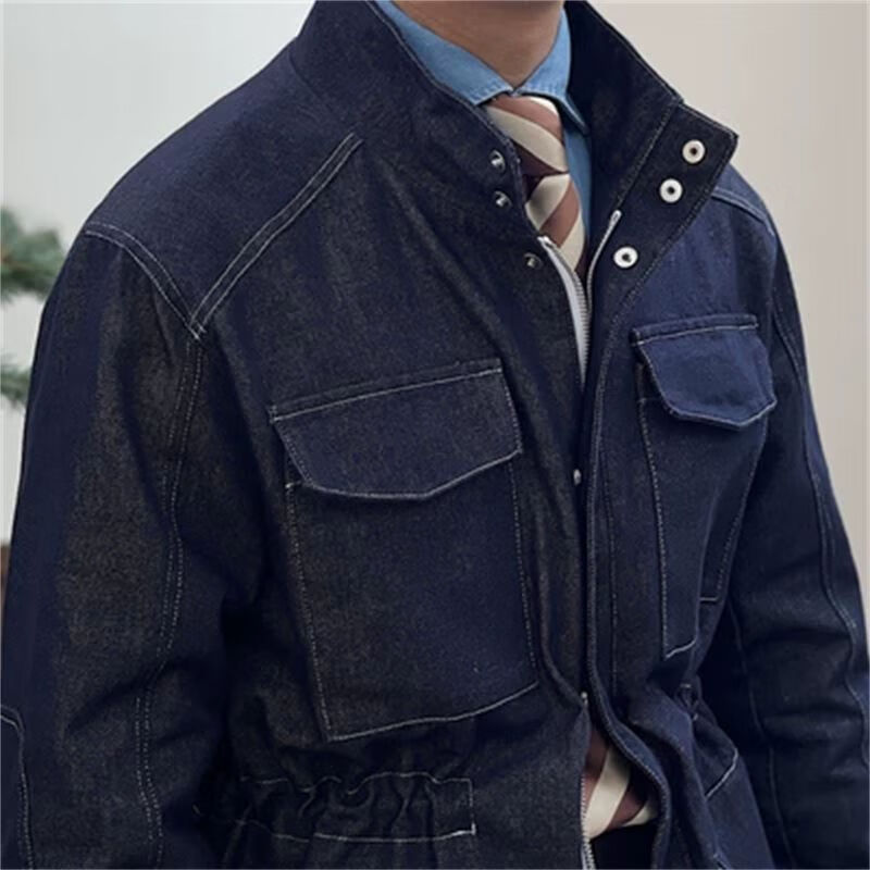 fmseruios40岁大叔痞帅穿搭秋冬复古英伦风牛仔猎装外套立领束腰夹克