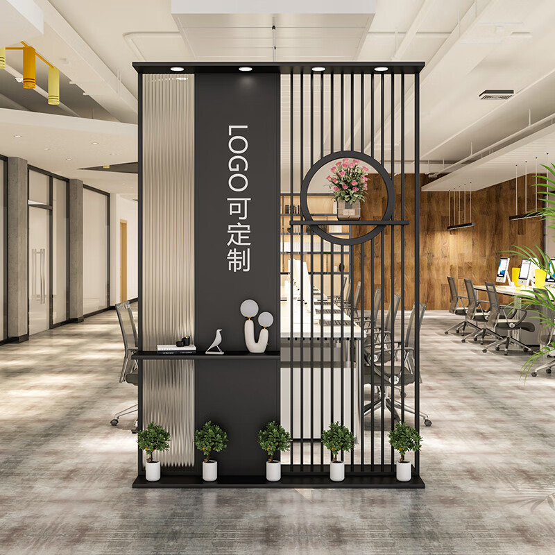 南啵丸公司前台背景墙屏风 现代铁艺隔断办公室长虹玻璃屏风简约进门