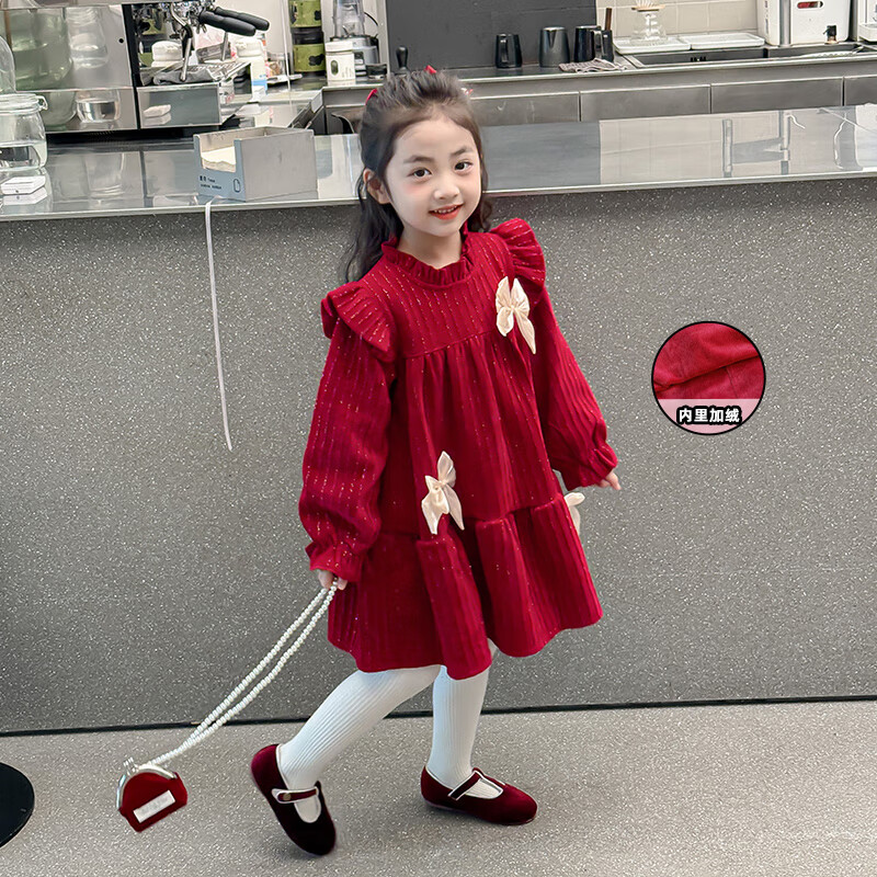 创京懿选4岁女孩过年衣服女童秋冬连衣裙儿童红色新年裙子加绒小女孩
