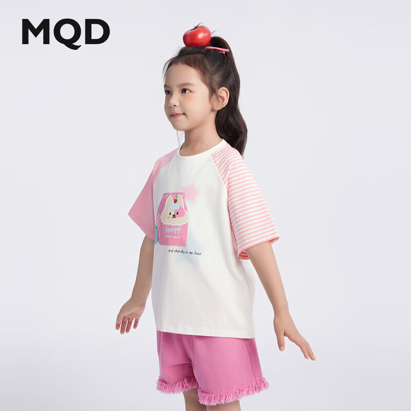 马骑顿（MQD）MQD女大童24夏新款甜美可爱插肩袖条纹兔子短袖T恤 本白 110cm