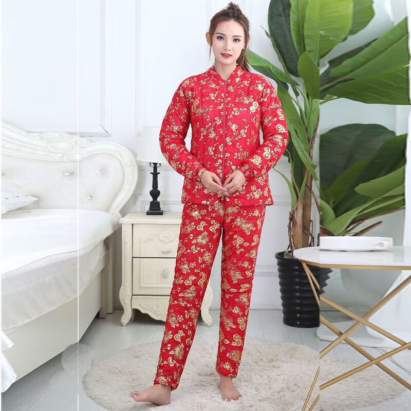 万派摩花手工棉袄女人冬装加厚黑色中长款外套男棉衣棉裤套装 红色