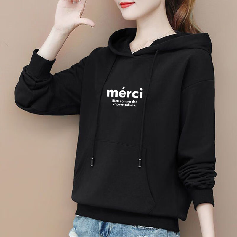 希尾女士卫衣春秋款2023高端时尚品牌宽松显瘦黑色连帽女加绒加厚 202