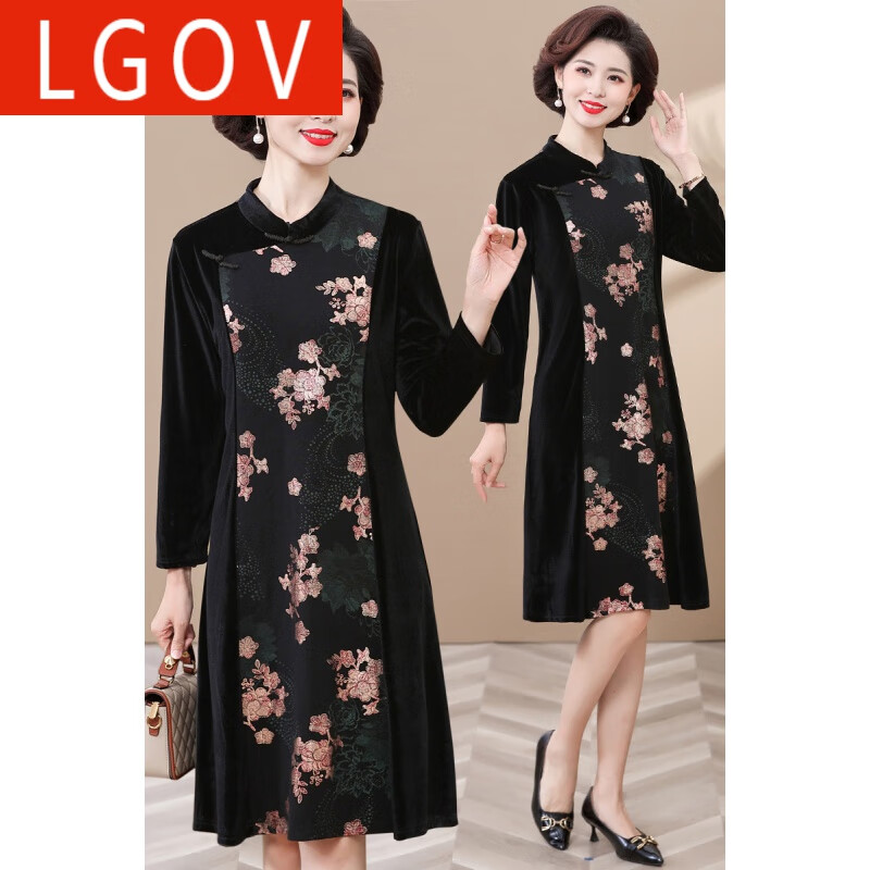 妈秋装连衣裙时尚2024新款改良旗袍中年女春秋季长袖裙子 黑底红花 xl