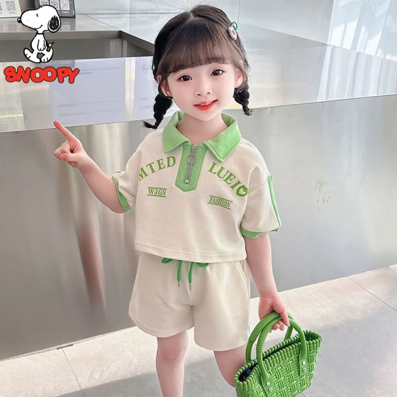 史努比（SNOOPY）女童短袖短裤套装夏季2023新款儿童女宝宝洋气时髦潮款夏装两件套 绿色 【字母拼色POLO衫套装】 90码(建议身高85到90厘米)