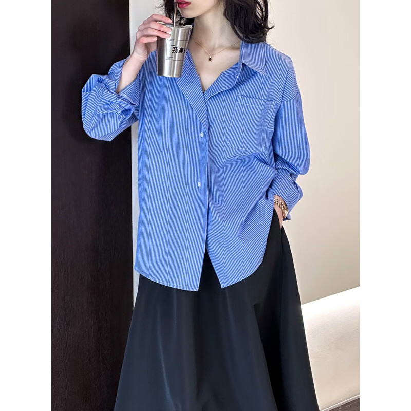 隐里（ylylinli）2024春季蓝色条纹衬衫女款韩系气质宽松设计感上衣 蓝色 M