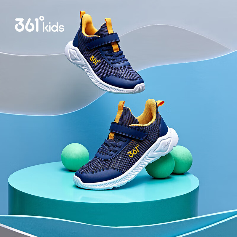 361°儿童运动鞋男童跑鞋夏季大网孔轻便魔术贴女童休闲透气运动鞋 【大网孔】墨蓝/芒果金黄色 36